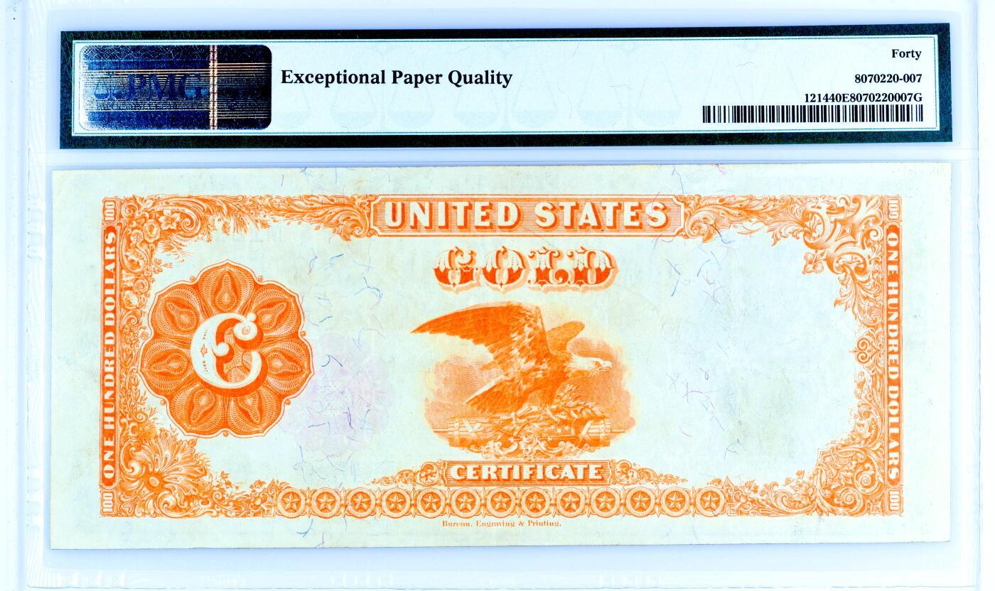 【Blue Auction】世界纸币精拍第762期——18级TOP拍卖/信誉/品质/专业/高效💫 【评级量远少于1922版 老壳原票状态佳值得收藏】美国 1882年100美元黄金券 纹饰精美 PMG40EPQ备受欢迎的品种 当时可兑换5枚双鹰金币 回收较彻底（22年同分同fr的同款纸币拍了7800美金）正面人物本顿（1782-1858年），美国政治领袖。在1812年战争期间，他是安德鲁·杰克逊将军麾下的一名上校。他曾因反对使用纸币和主张使用硬币，被称为“老金条先生”。