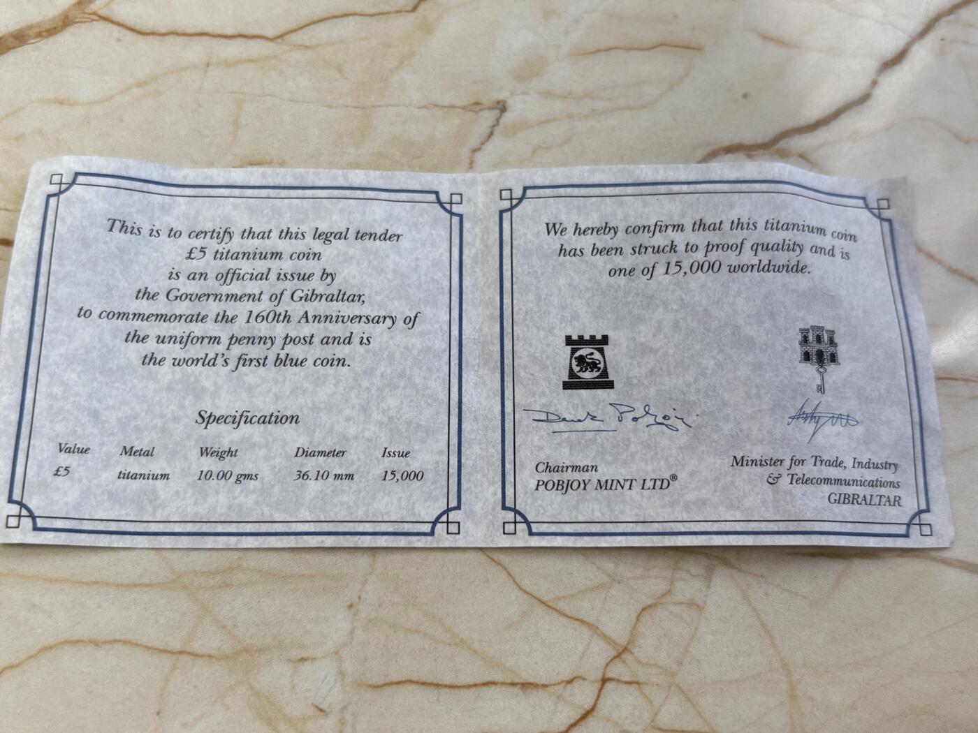 第185期拍卖 直布罗陀2000年统一便士邮政法案160周年蓝色钛币带证书