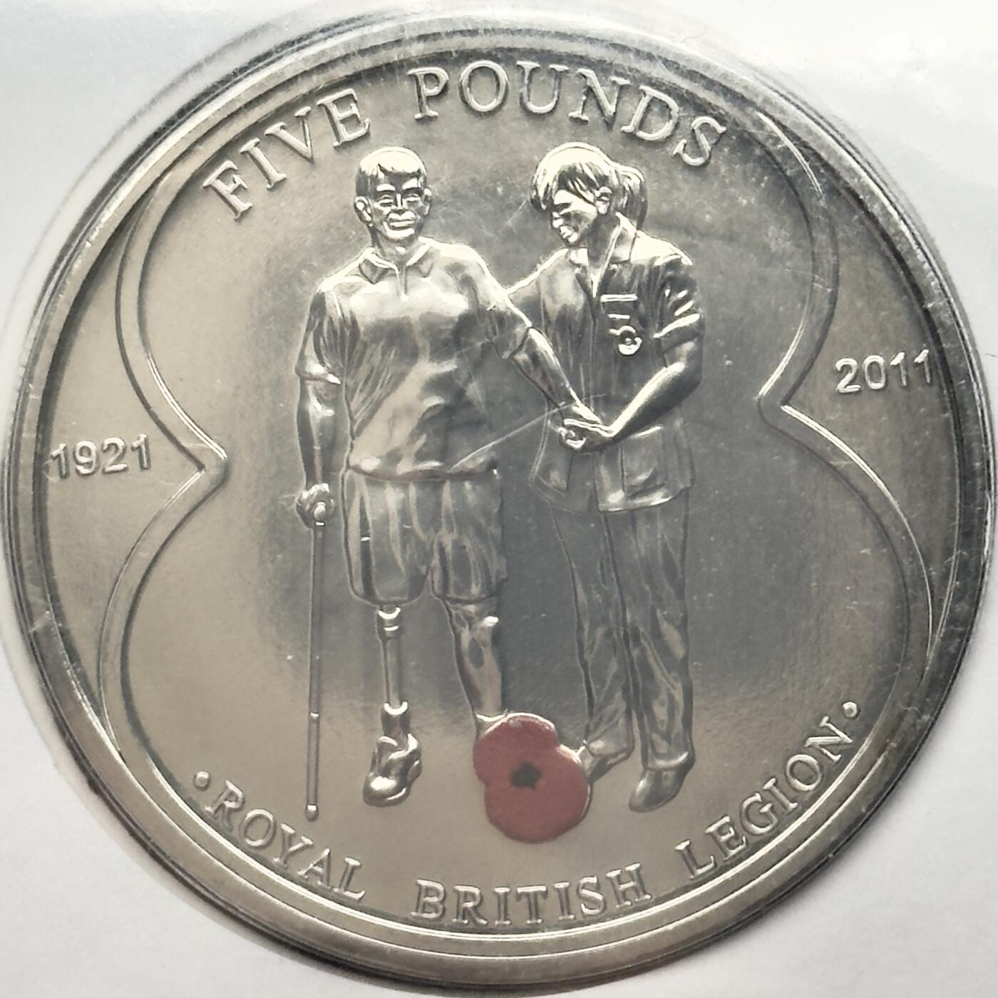 ＜小葵钱铺＞第67期·克朗币·银币场·满200包邮，不寄存·12月15日发货 〈邮币封〉泽西岛2011年皇家军人退伍协会成立90周年·残疾退伍军人5镑克朗型彩色纪念币