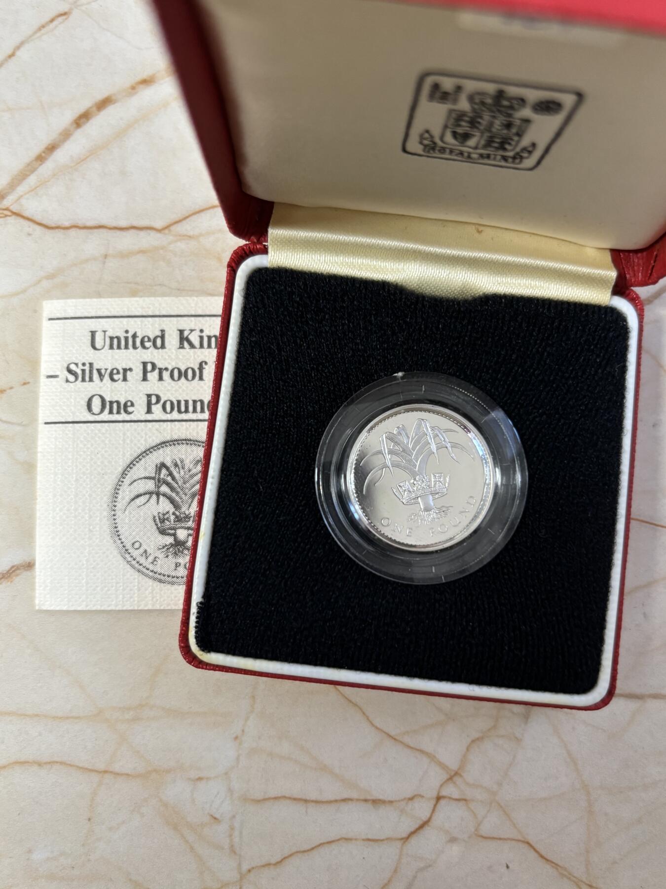 第185期拍卖 英国1985年 王冠系列-韮葱和王冠（威尔士）1英镑精制加厚纪念银币 19克.925银 发行量：15000枚