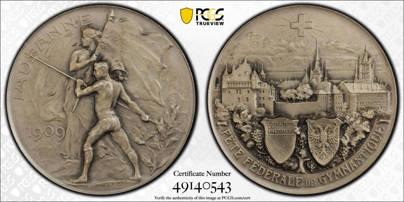 博洋堂世界钱币拍卖第151期（全场包邮） PCGS SP65 冠军分数 1909年瑞士洛桑城市景观纪念银章。国内首见此品种银章 名家Holy Freres制作。此枚做工极为精细，磨砂精制，超高浮雕，城市景观雕刻的纤毫毕现，难以想象这是20世纪的设计和工艺。章中还融合了经典的赫尔维迪亚女神，瑞士本土特色集中展示的一枚