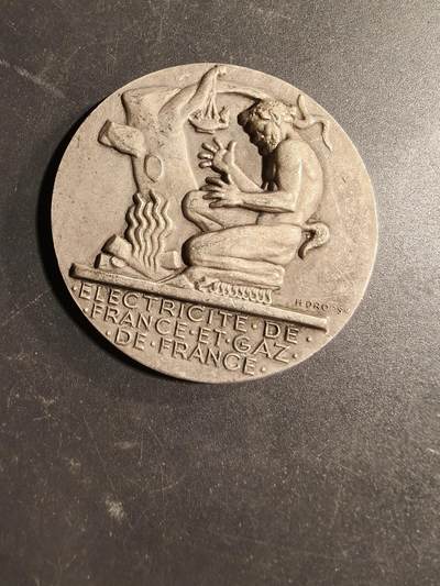老王徽章第169期 - 法国电气公司镀银大铜章     大师Dropsy作品     直径54mm.    重量71.4g