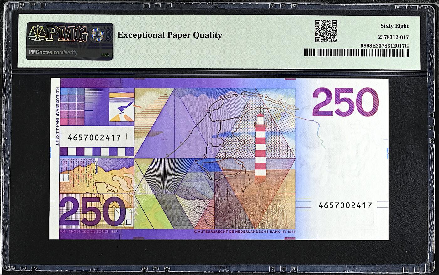 《艾美收藏》第224期-12.14周日外币超白金场 荷兰250盾 PMG68E 1985年 灯塔 超高分精品