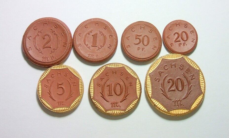 7枚全套 德国德紧萨克森1921年著名陶币（镶金边3枚）