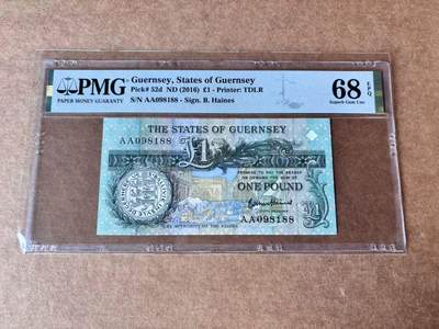 【Blue Auction】世界纸币精拍第762期——18级TOP拍卖/信誉/品质/专业/高效💫 - 【AA冠88尾倒置号】根西 2016年1镑  PMG68EPQ高分