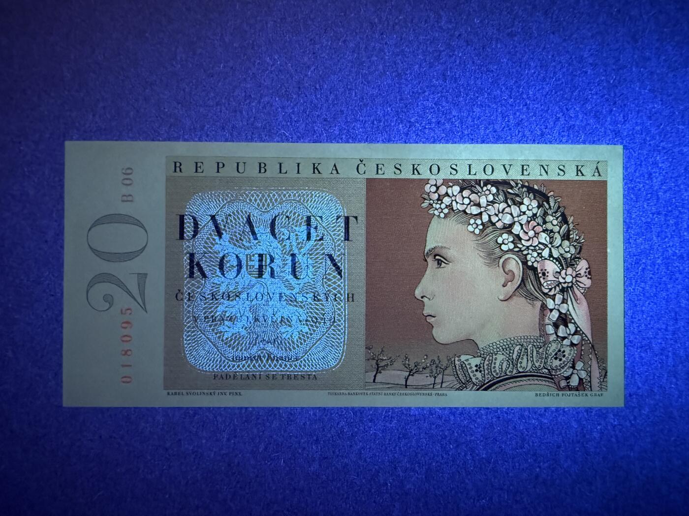 《艾美收藏》第224期-12.14周日外币超白金场 捷克斯洛伐克20克朗 UNC 1949年 花环少女 有处出厂自带小杂质 实钞无针孔 无47