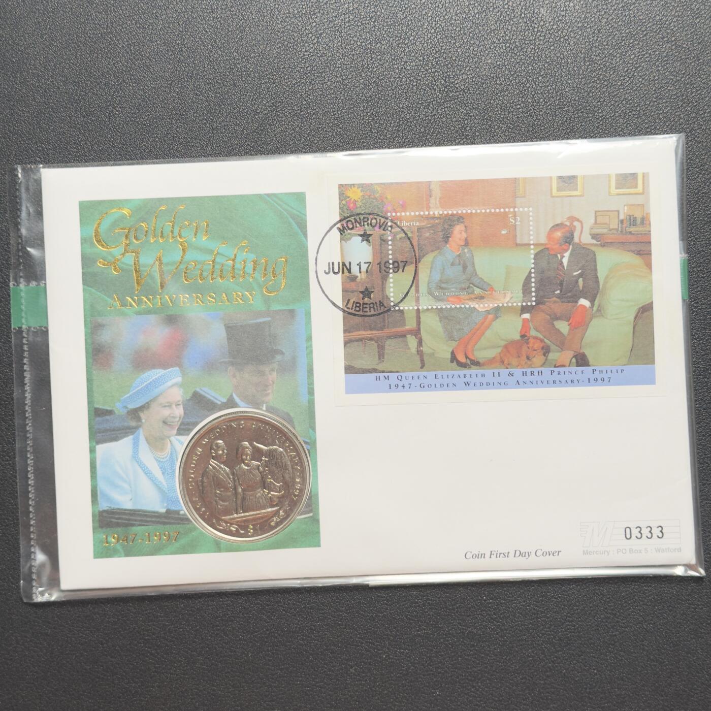 ＜小葵钱铺＞第67期·克朗币·银币场·满200包邮，不寄存·12月15日发货 〈邮币封〉利比里亚1997年金婚纪念日·皇家夫妇与马1元克朗型纪念币