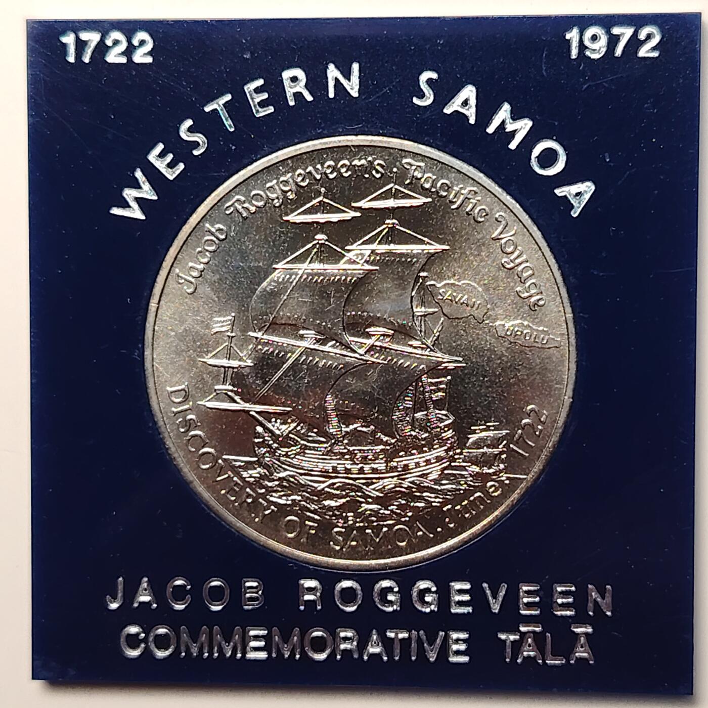 布加迪🐬～世界钱币(上海)🌾第 264 期 /  各国套币和散币 萨摩亚 1972年1塔拉纪念币 荷兰航海家发现萨摩亚250周年