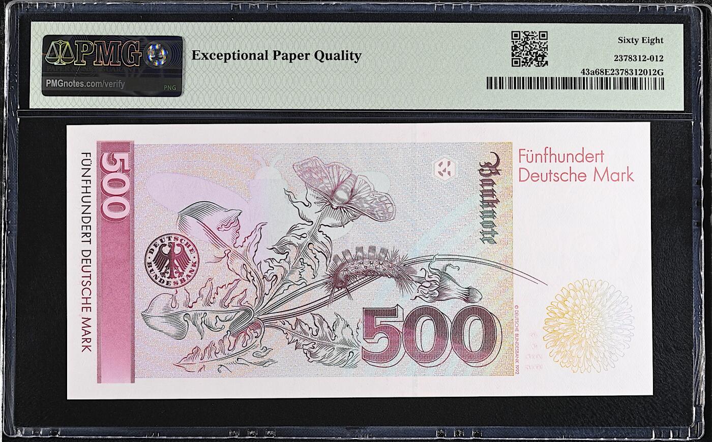 《艾美收藏》第224期-12.14周日外币超白金场 德国500马克 PMG68E 1991年 德国女画家梅里安 AA冠