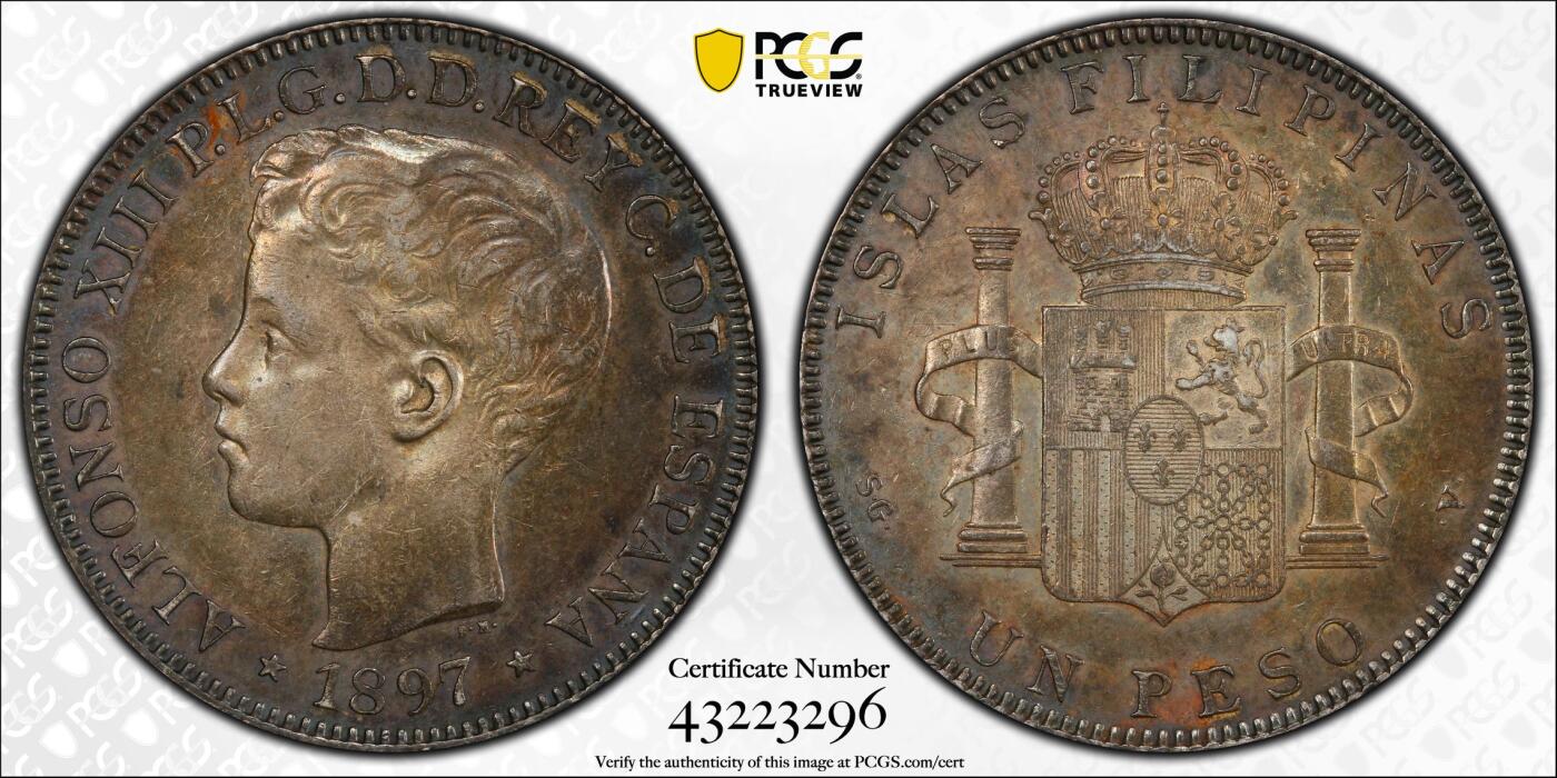 博洋堂世界钱币拍卖第151期（全场包邮） PCGS AU55 1897年西属菲律宾1比索银币 无比震撼的双面满酱彩，标准的的南亚户出老包浆。大自然的鬼斧神工，百年风雨沉淀出的状态堪称艺术品。底板状态上佳，重评有机会加分的状态。这个品种au55分是一道坎，博洋堂同分白币曾有3800+成交，背面卡槽有一小磕