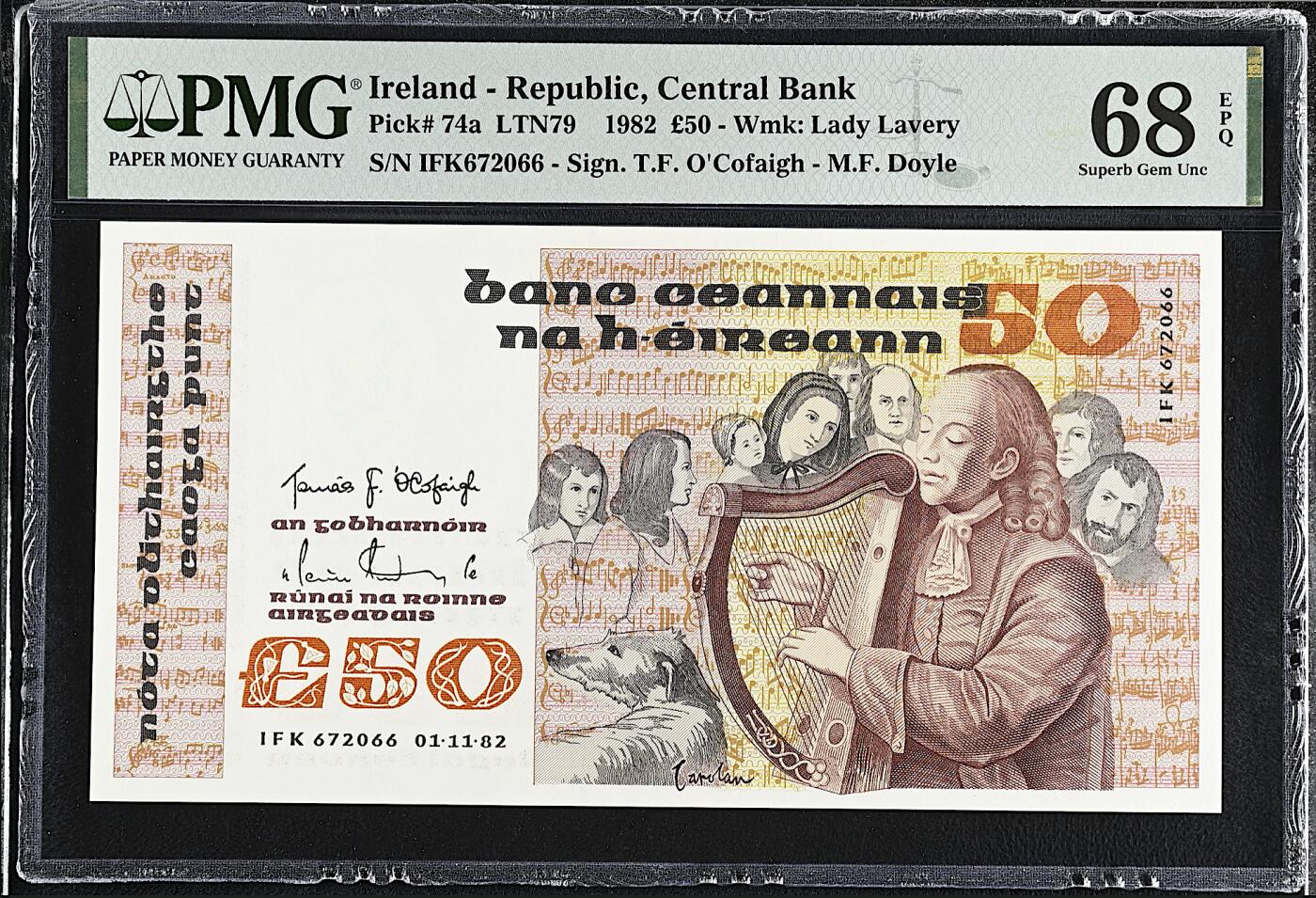 《艾美收藏》第224期-12.14周日外币超白金场 爱尔兰50镑 PMG68E 1982年首发年a版 盲人竖琴师奥卡罗兰 无4冠军分仅3张 双尾