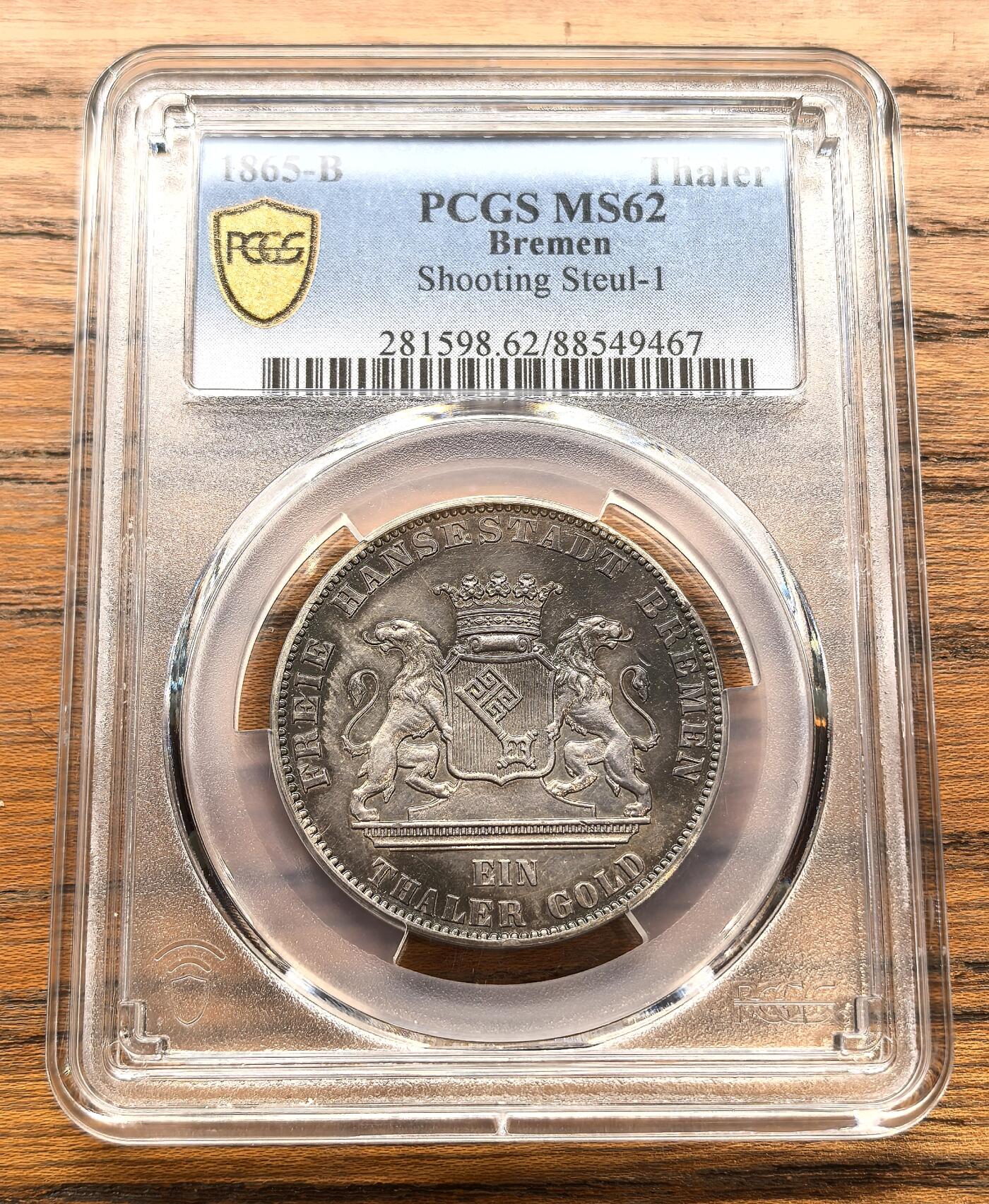 凡希社世界钱币微拍月度大拍（2025/12） 1865B德国不莱梅射击节纪念泰勒PCGS-MS62，蓝金彩，美不胜收！（视频参考）
