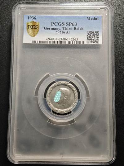 【德藏】世界币章拍卖第156期（拍品征集中~欢迎藏友联系） - 1936年 德国民族社会主义工人党党首胸章铝章 PCGS SP63 浮雕感极强 大盒封装 （原图请查询PCGS评级官网）
