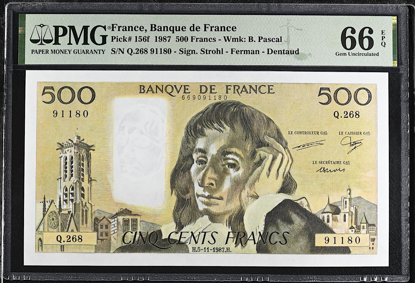 《艾美收藏》第224期-12.14周日外币超白金场 法国500法郎 PMG66E 1987年 法国数学家帕斯卡 大票幅 长号码无3547