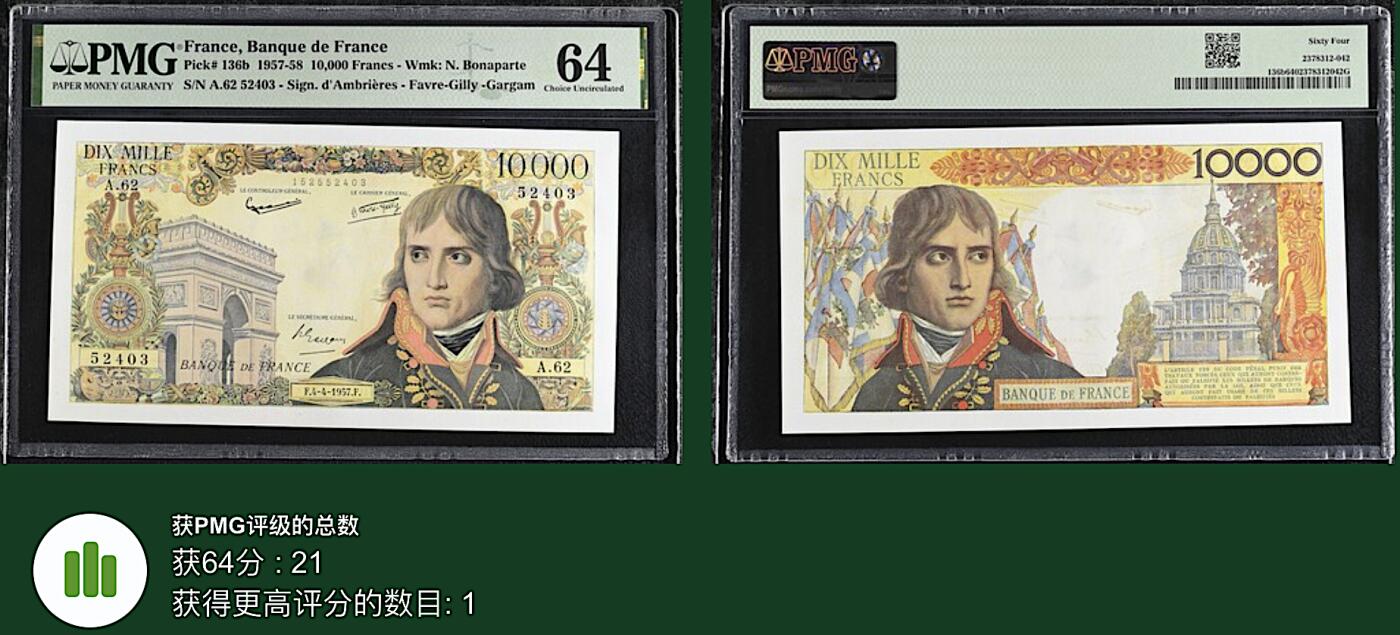 《艾美收藏》第224期-12.14周日外币超白金场 法国10000法郎 PMG64 1957年 法兰西皇帝拿破仑 稀少改值前版本 亚军分