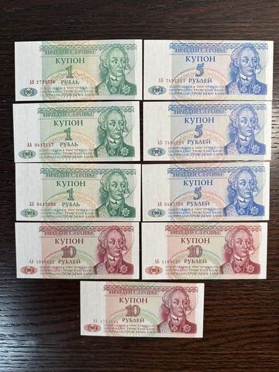 蒂克钱币-第51场 外国平价纸币最后一场 - 德涅斯特共和国 1994年 9枚纸币 全新 UNC