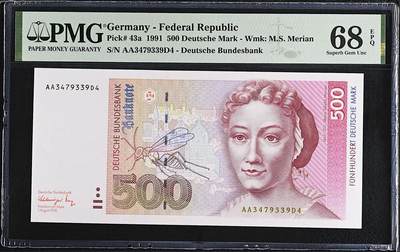《艾美收藏》第224期-12.14周日外币超白金场 - 德国500马克 PMG68E 1991年 德国女画家梅里安 AA冠