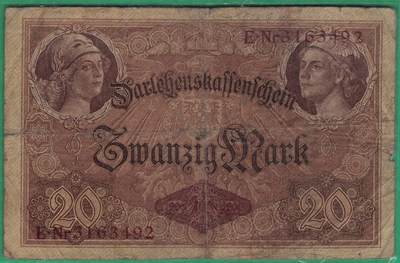 德国1914年20马克 P-48b 7位号码版 实物图 - 德国1914年20马克 P-48b 7位号码版 实物图