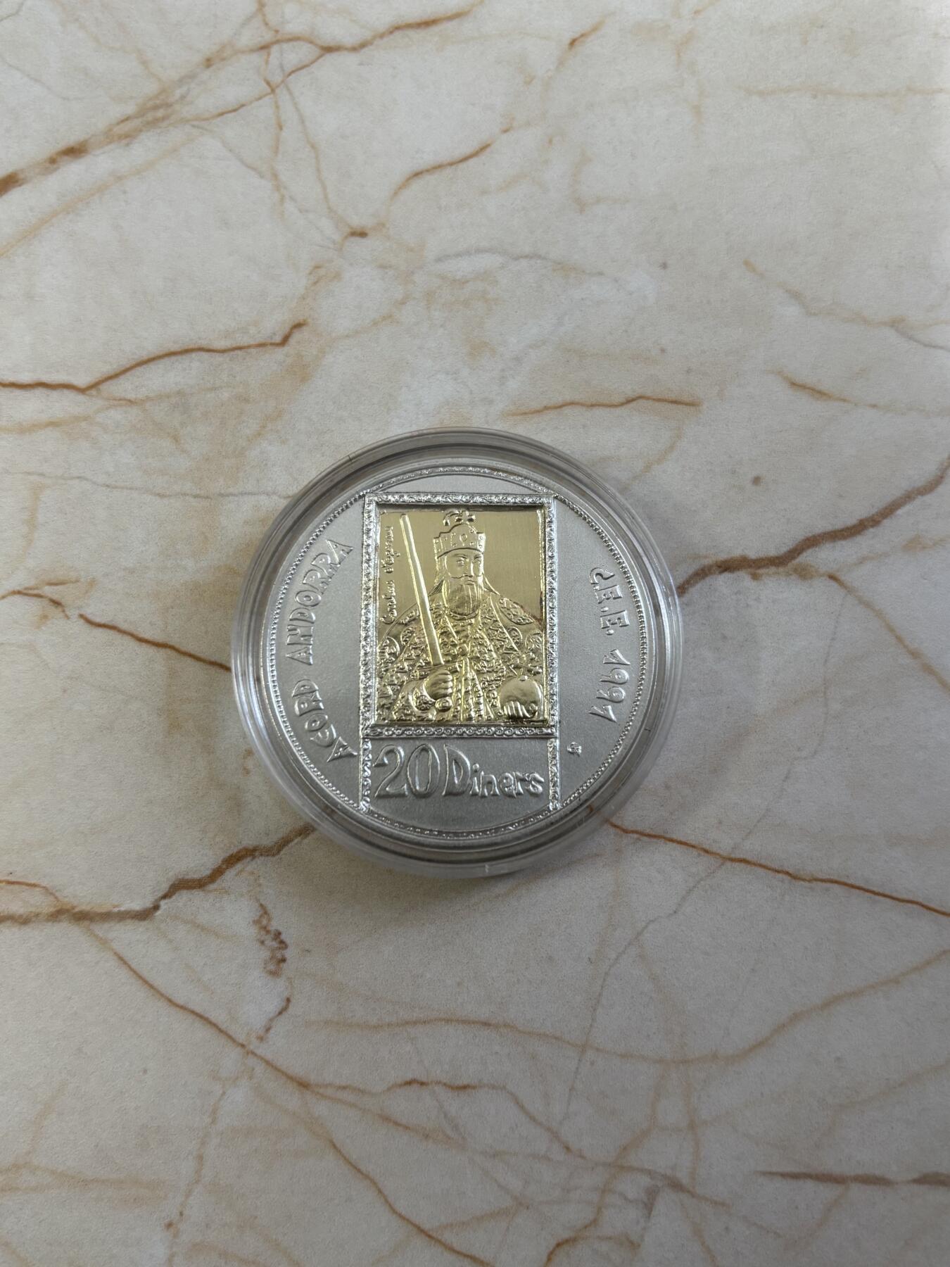 第185期拍卖 安道尔1991年欧洲关税同盟法兰克查理曼大帝镀金纪念银币，26.5克925银，1.6克917金，