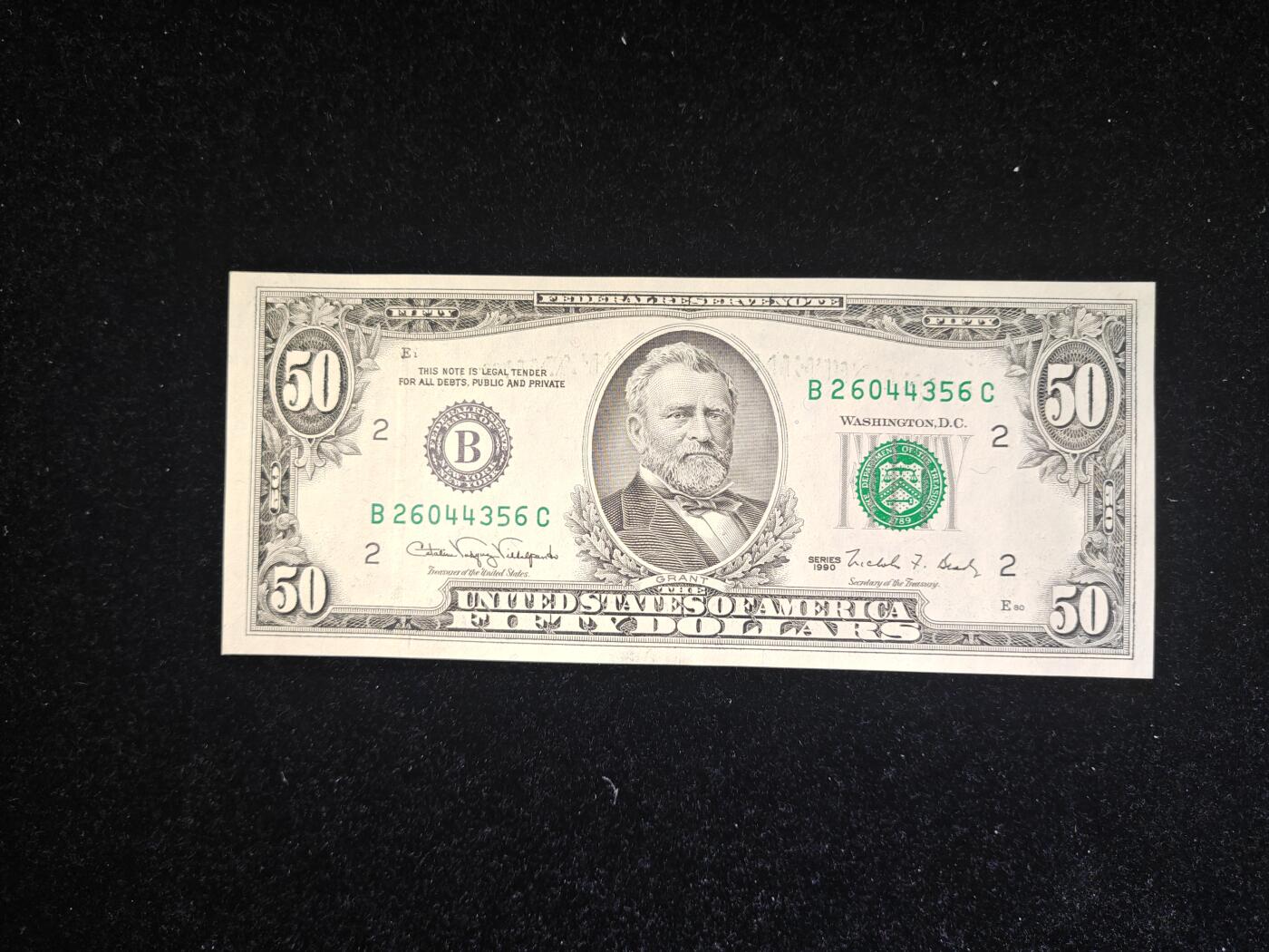 美国 1990年 小头版 50美元 纸币 95品 有轻微流通痕迹