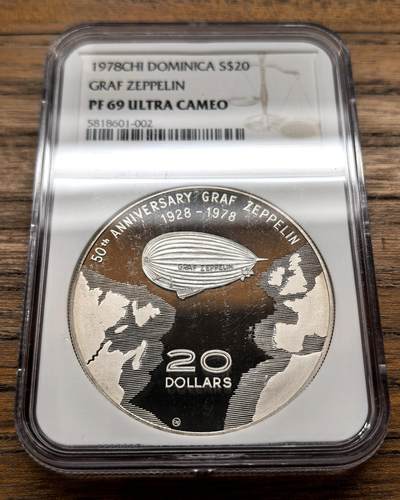 凡希社世界钱币微拍月度大拍（2025/12） - 1978CHI多米尼克齐柏林飞艇20Dol大银精铸NGC-PF69UC
