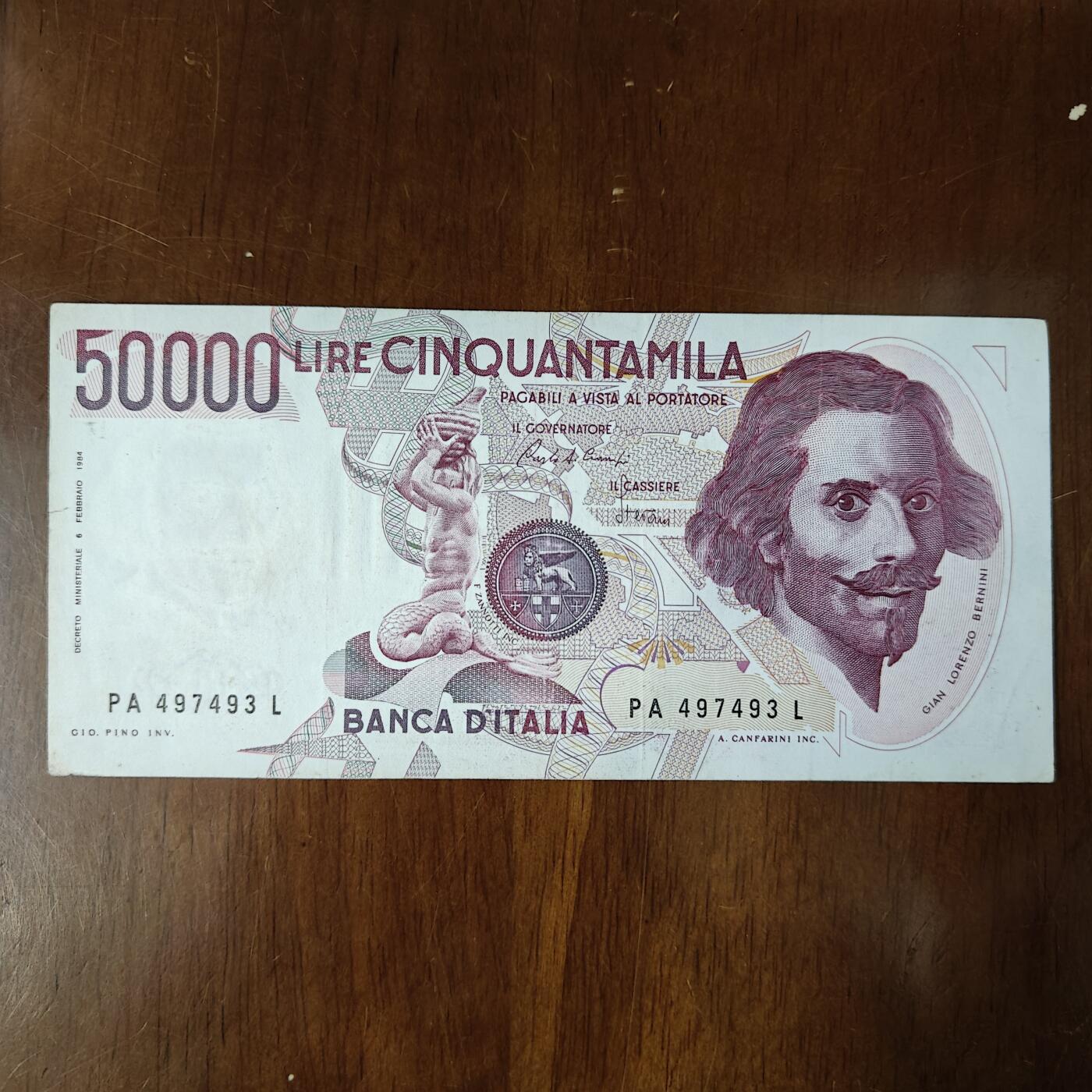 欧洲意大利1984年50000里拉纸币建筑设计家贝尔尼尼实拍原图片