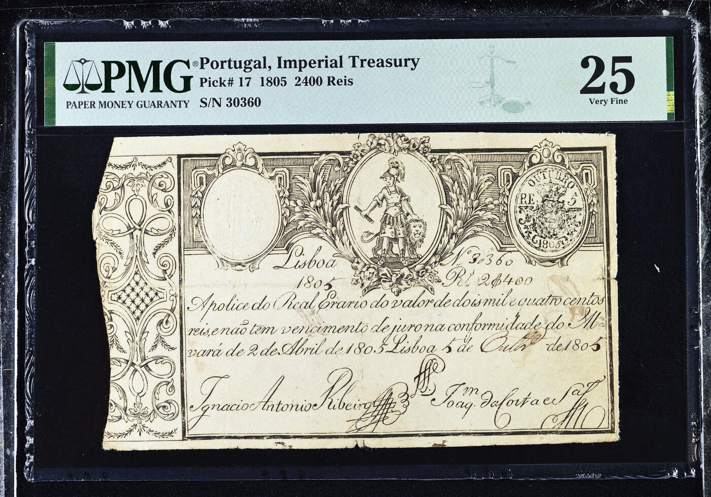 【Blue Auction】世界纸币精拍第762期——18级TOP拍卖/信誉/品质/专业/高效💫  【葡国最早的纸币之一 文物级别 克劳斯目录无法定价只有横线 仅1张更高分30 仅2个记录存世极罕见 无47 两张一套】葡萄牙帝国 若昂六世时期 1805年2400瑞斯实钞 头戴头盔的年轻战士和雄狮 带刚戳水印及盾徽 PMG25 非常值得收藏有意义的一张早期纸币（葡萄牙首张纸币于1797年发行）