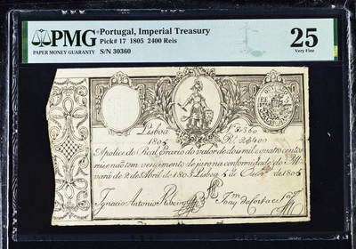【Blue Auction】世界纸币精拍第762期——18级TOP拍卖/信誉/品质/专业/高效💫 -  【葡国最早的纸币之一 文物级别 克劳斯目录无法定价只有横线 仅1张更高分30 仅2个记录存世极罕见 无47 两张一套】葡萄牙帝国 若昂六世时期 1805年2400瑞斯实钞 头戴头盔的年轻战士和雄狮 带刚戳水印及盾徽 PMG25 非常值得收藏有意义的一张早期纸币（葡萄牙首张纸币于1797年发行）