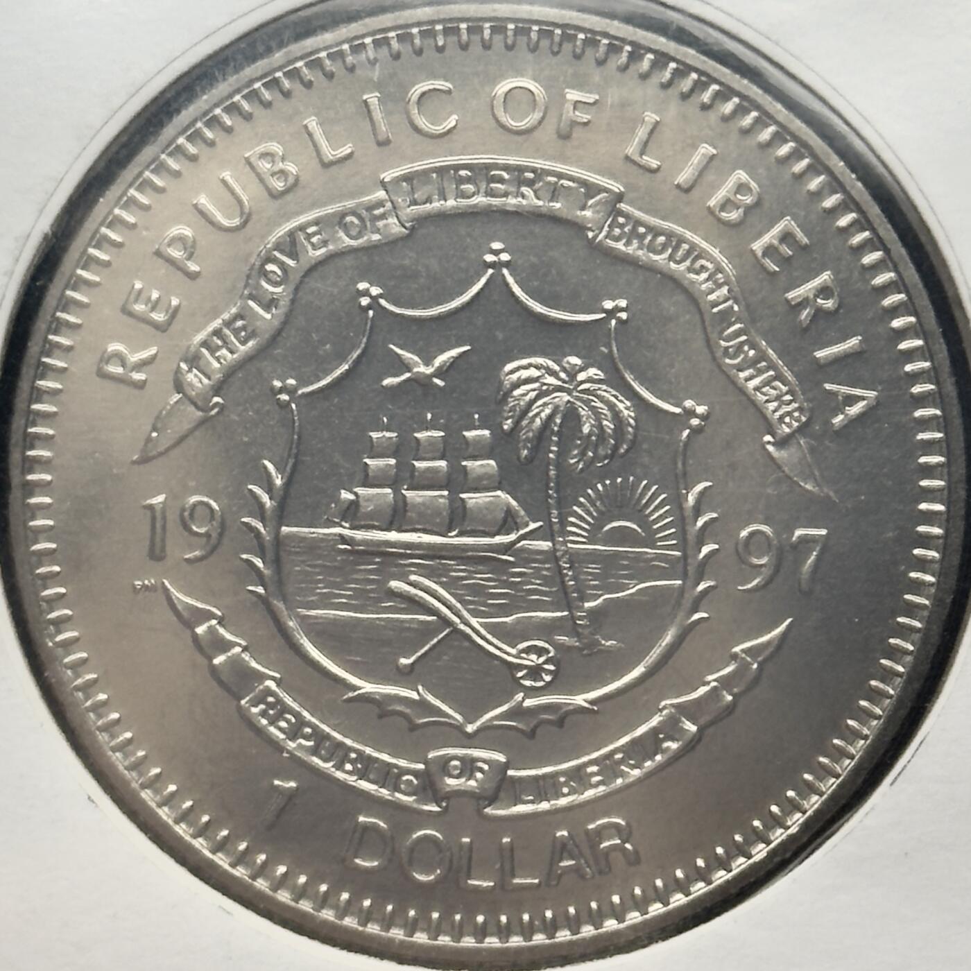 ＜小葵钱铺＞第67期·克朗币·银币场·满200包邮，不寄存·12月15日发货 〈邮币封〉利比里亚1997年金婚纪念日·皇家夫妇与马1元克朗型纪念币