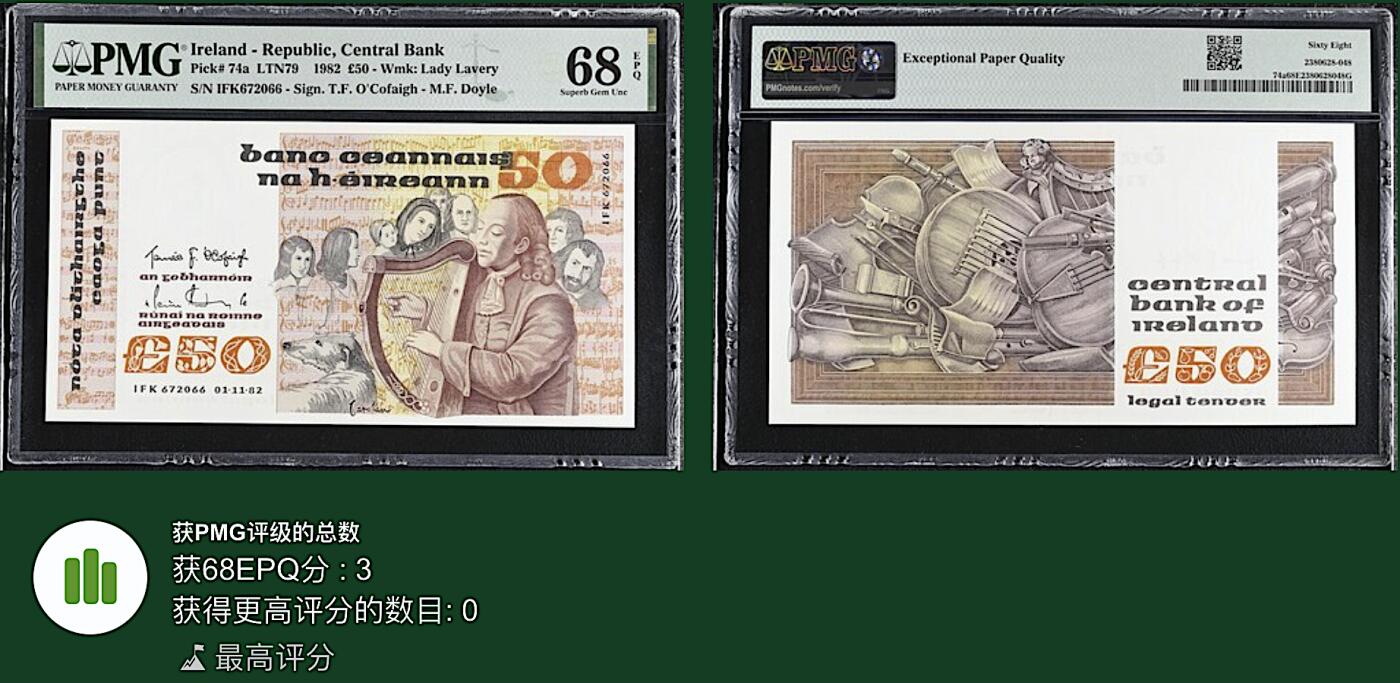 《艾美收藏》第224期-12.14周日外币超白金场 爱尔兰50镑 PMG68E 1982年首发年a版 盲人竖琴师奥卡罗兰 无4冠军分仅3张 双尾
