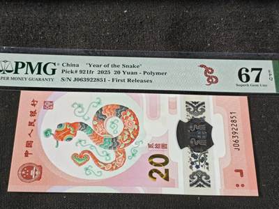 刘世昌艺术品销售中心～虎踞龙蟠*金杨在线联拍群第511期 - 2025年“贺岁蛇”贰拾圆纪念钞【首期标】（PMG 67E 号码：J063922851）1枚。