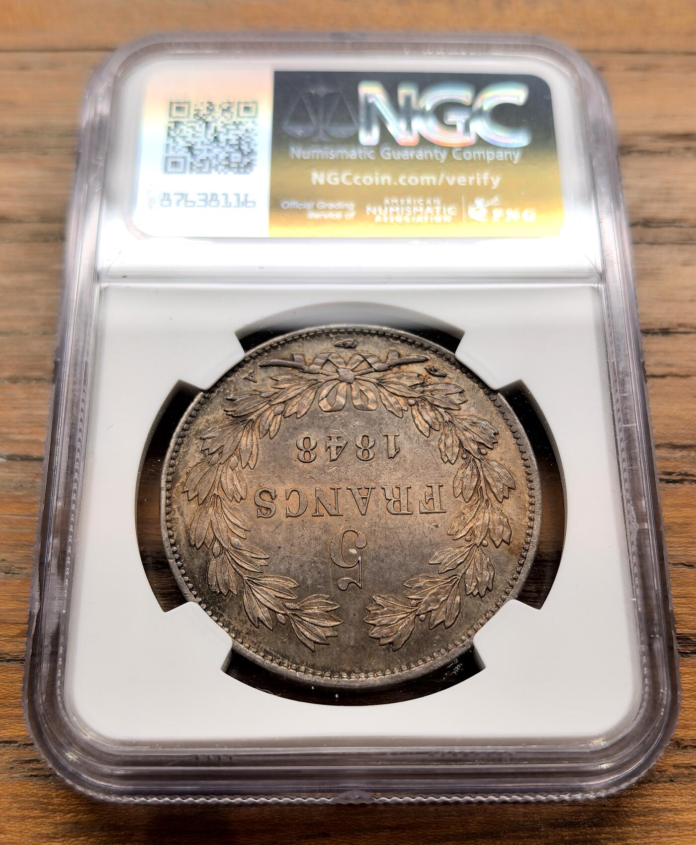 凡希社世界钱币微拍月度大拍（2025/12） 1848A法国路易菲力桂冠像5法郎大银NGC-MS61美包浆。