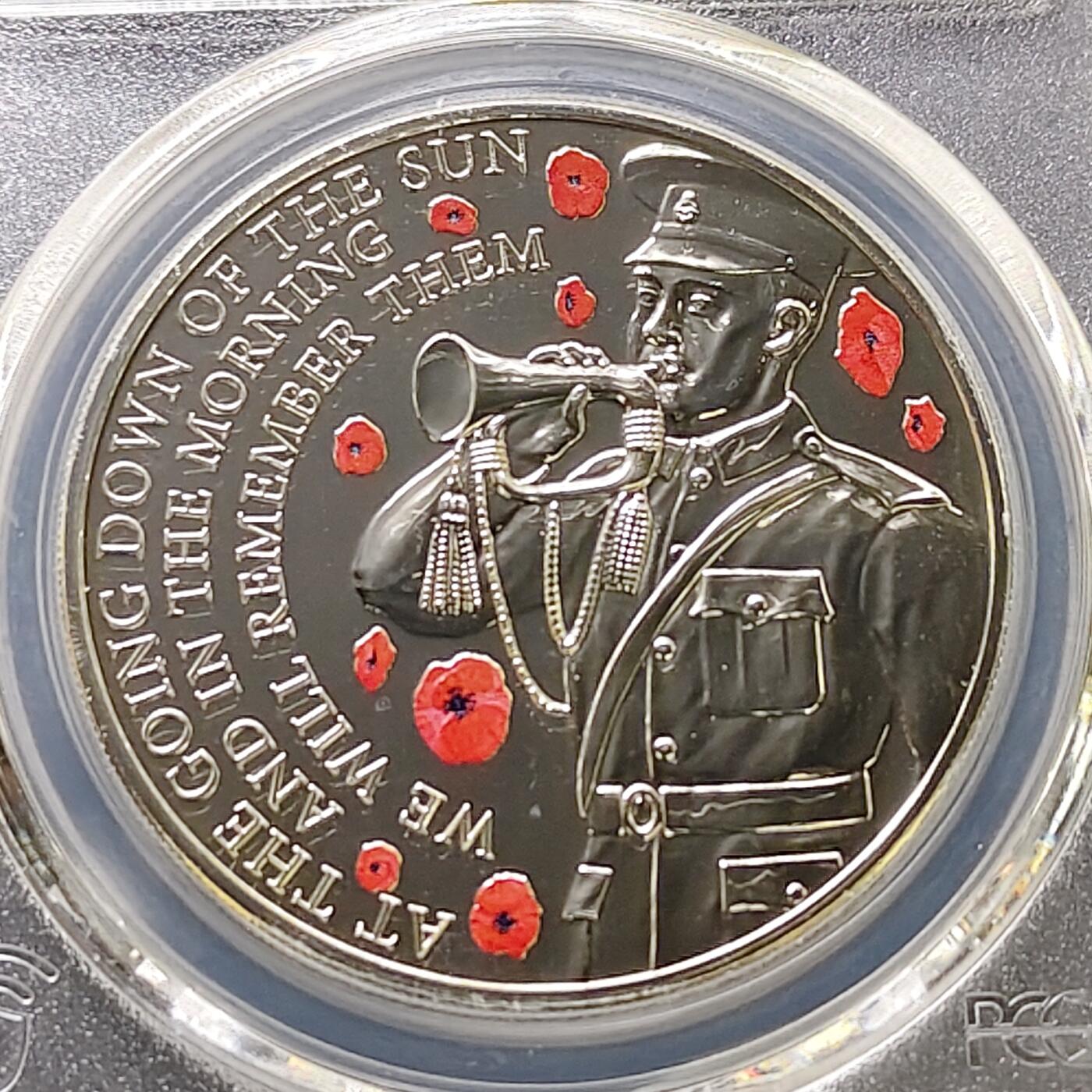 【全场包邮】纯粹捡漏拍487场（免费代拍第24场） 【收藏级·冠军分】根西2018年5镑第一次世界大战结束100周年“在夕阳西沉之时”彩色克朗型纪念币-PCGS MS69