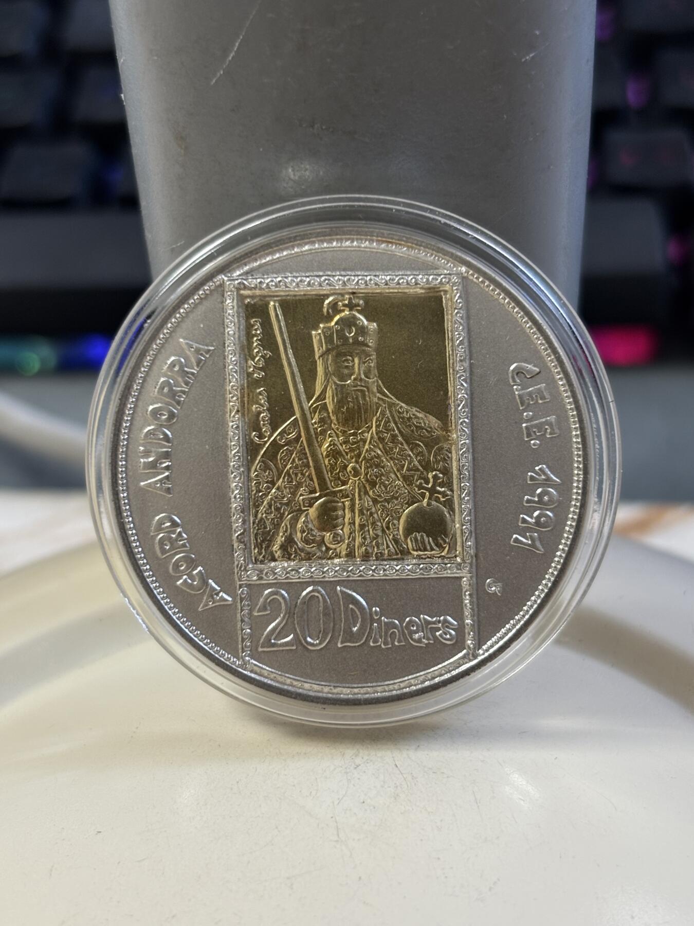 第185期拍卖 安道尔1991年欧洲关税同盟法兰克查理曼大帝镀金纪念银币，26.5克925银，1.6克917金，