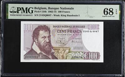 《艾美收藏》第224期-12.14周日外币超白金场 - 比利时100法郎 PMG68E 1974年 比利时画家伦巴 冠军分