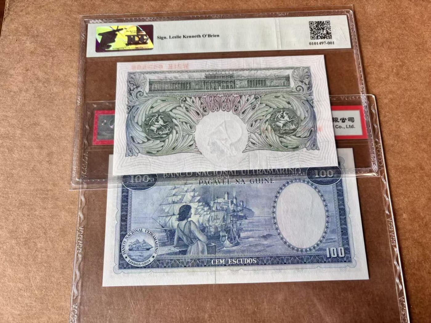 【Blue Auction】世界纸币精拍第762期——18级TOP拍卖/信誉/品质/专业/高效💫 【一组2张】英国 1955-60年1镑 TQG64&葡属几内亚 1971年100埃斯库多 无47 ACG65EPQ 