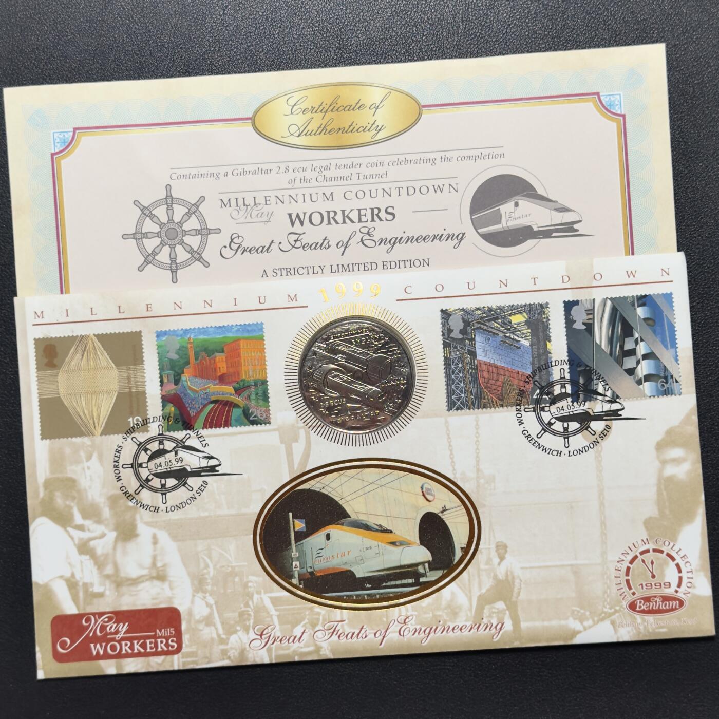 ＜小葵钱铺＞第67期·克朗币·银币场·满200包邮，不寄存·12月15日发货 〈邮币封〉直布罗陀1993年英吉利海峡隧道建设2.8ECUs类精制克朗型纪念币