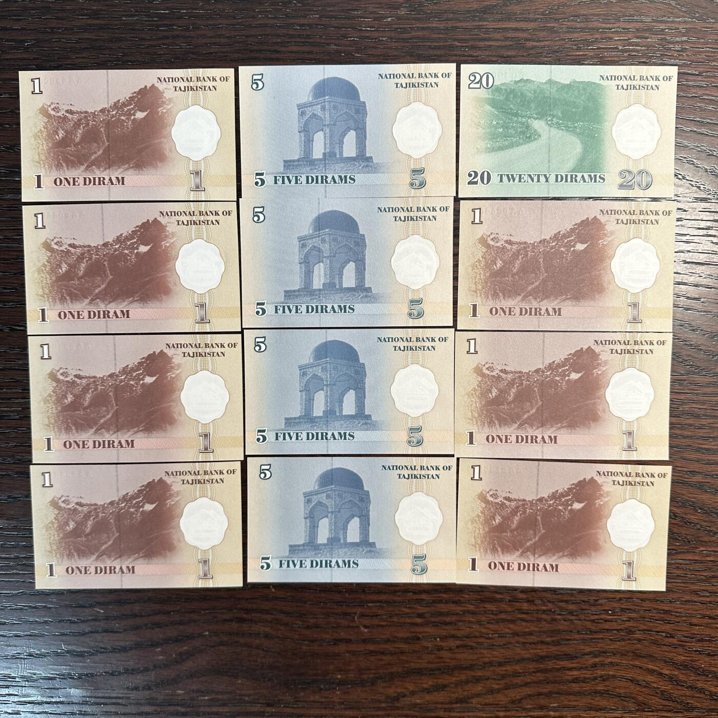 蒂克钱币-第51场 外国平价纸币最后一场 塔吉克斯坦 1999年纸币 9枚 全新UNC