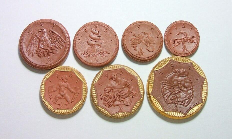 7枚全套 德国德紧萨克森1921年著名陶币（镶金边3枚）