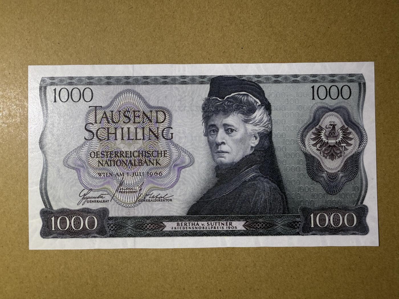 《艾美收藏》第224期-12.14周日外币超白金场 奥地利1000先令 UNC 1966年 奥地利女作家苏特纳 原票好品 无4