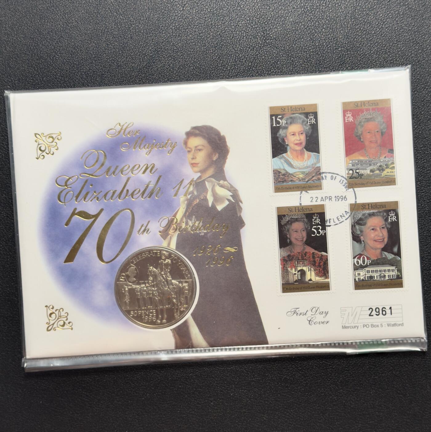 ＜小葵钱铺＞第67期·克朗币·银币场·满200包邮，不寄存·12月15日发货 〈邮币封〉圣赫勒拿岛1996年女王70岁生日50便士克朗型纪念币