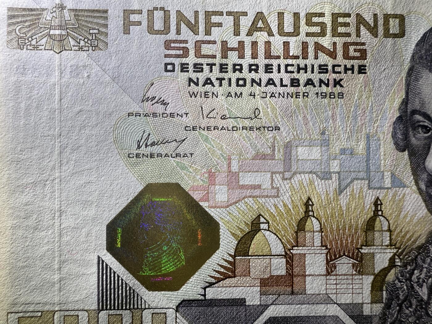 《艾美收藏》第224期-12.14周日外币超白金场 奥地利5000先令 UNC 1988年 奥地利作曲家莫扎特 原票好品 世界第一张全息膜纸币