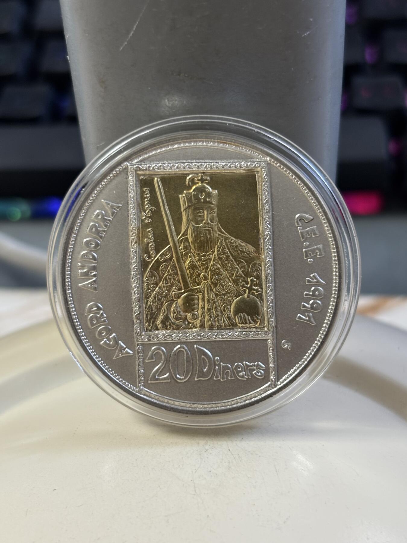 第185期拍卖 安道尔1991年欧洲关税同盟法兰克查理曼大帝镀金纪念银币，26.5克925银，1.6克917金，