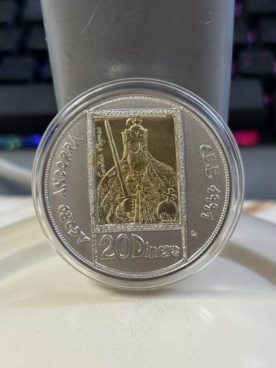 第185期拍卖 - 安道尔1991年欧洲关税同盟法兰克查理曼大帝镀金纪念银币，26.5克925银，1.6克917金，