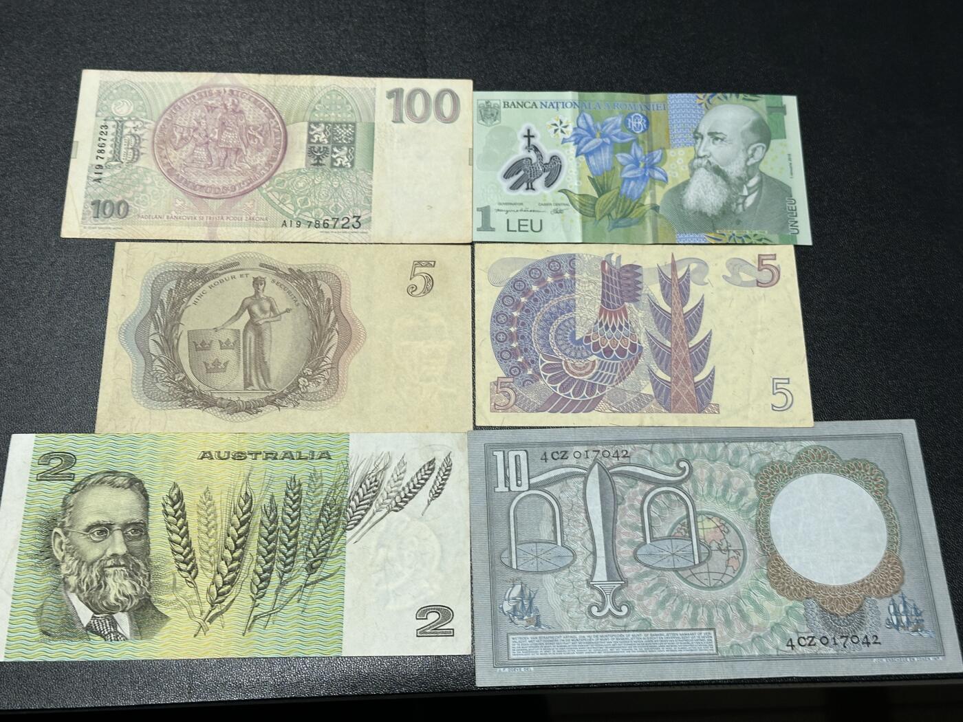 《外钞收藏家》第五百九十三期（精品场）（本平台长期征集拍品、欢迎藏友们联系合作） 捷克、罗马尼亚、瑞典、澳大利亚、荷兰 六张一起 非全新 品相如图