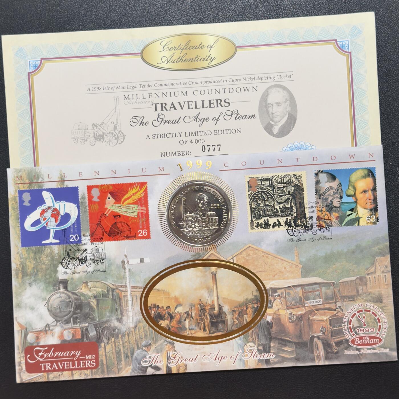 ＜小葵钱铺＞第67期·克朗币·银币场·满200包邮，不寄存·12月15日发货 〈邮币封〉马恩岛1998年蒸汽铁路125周年·火箭发动机1克朗纪念币