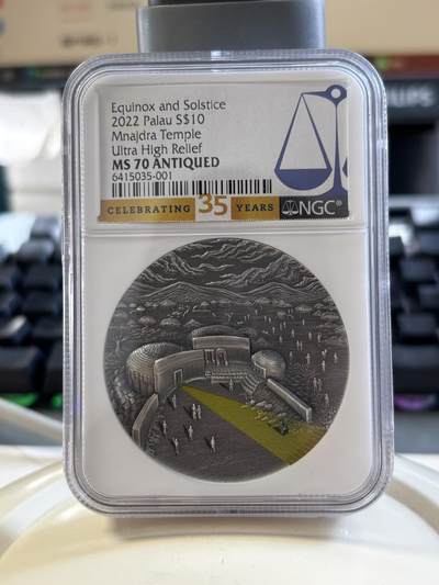 第184期拍卖 - 帕劳2022年春分冬至系列穆那德利亚2盎司纪念银币NGC-MS70原盒证书，999银，发行555枚