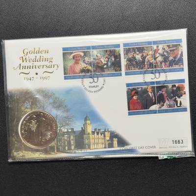 ＜小葵钱铺＞第67期·克朗币·银币场·满200包邮，不寄存·12月15日发货 - 〈邮币封〉福克兰群岛1997年金婚纪念日5镑克朗型纪念币