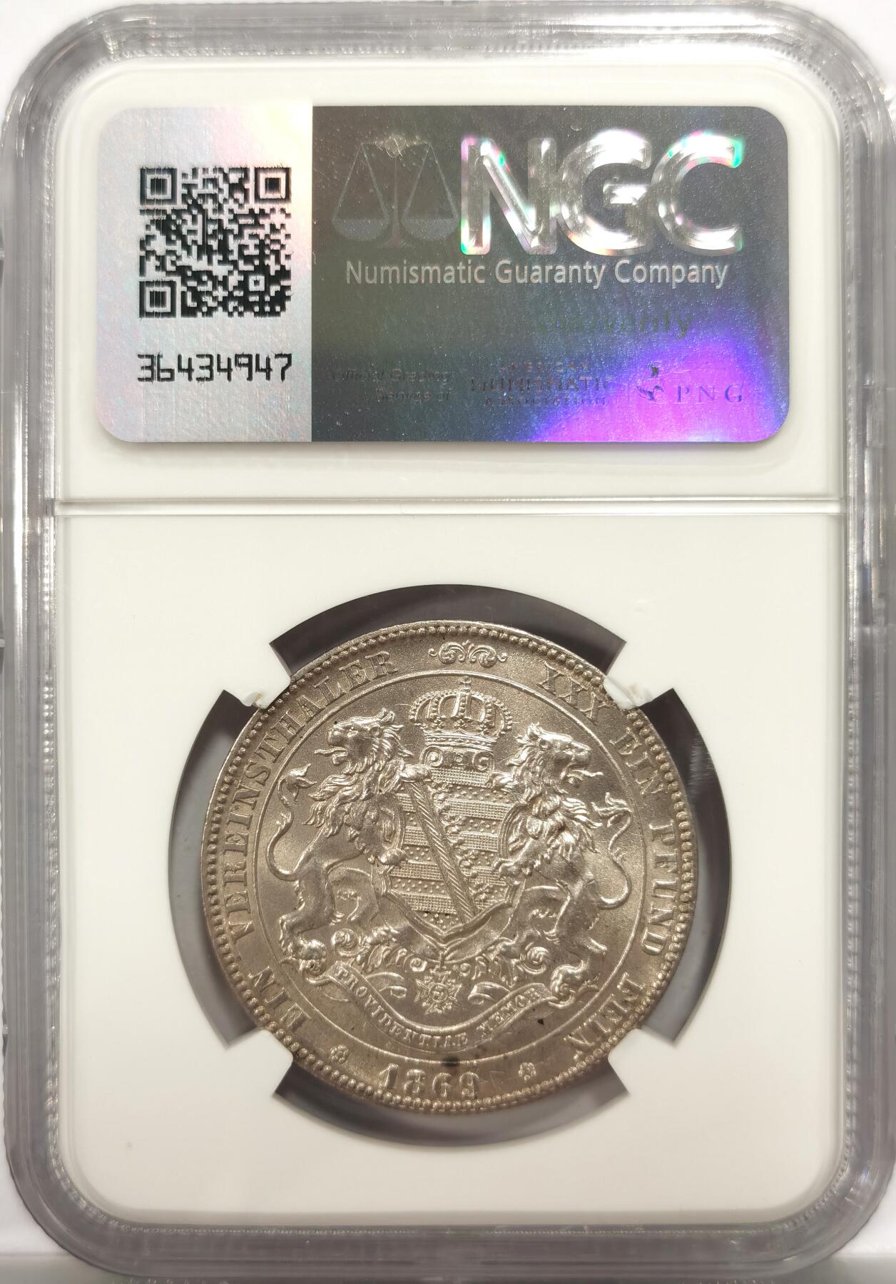 博洋堂世界钱币拍卖第151期（全场包邮） NGC MS62 1869年德国萨克森双狮盾徽流通1泰勒银币。丝绸般的底板，肉眼可见的超级强光，感觉低评了很多的状态。相当经典的邦国流通泰勒品种。麦稀奇63分的能拍到3000+，此枚状态无限接近63分性价比非常高