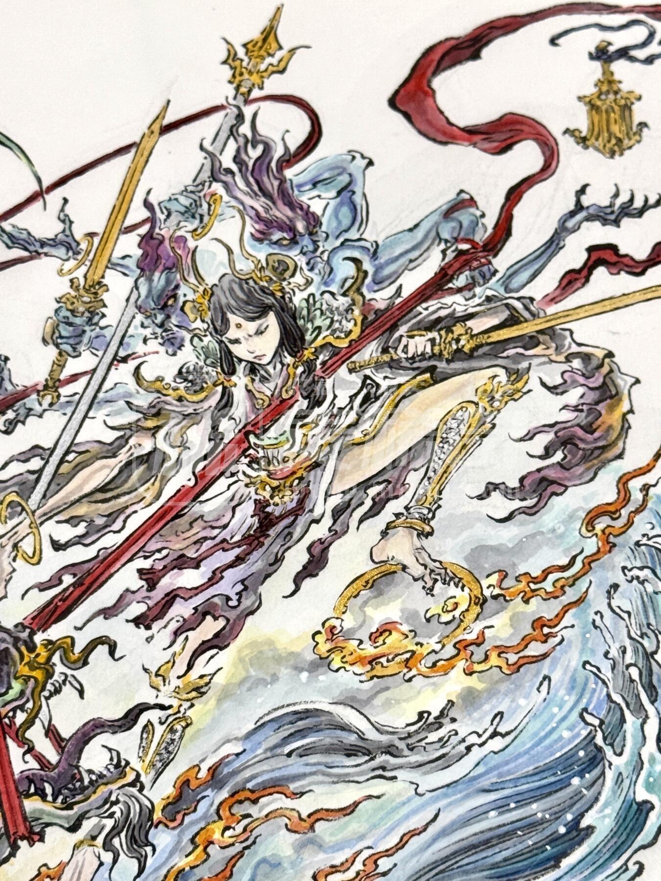 玩卡战线超级大甩拍第46期（周一晚10点半截拍）请寄存过多的卡友准许发货哇！ 沈鑫手绘画 哪吒闹海 已装裱 尺寸：外框45cm*65.5cm，内框30cm*40cm